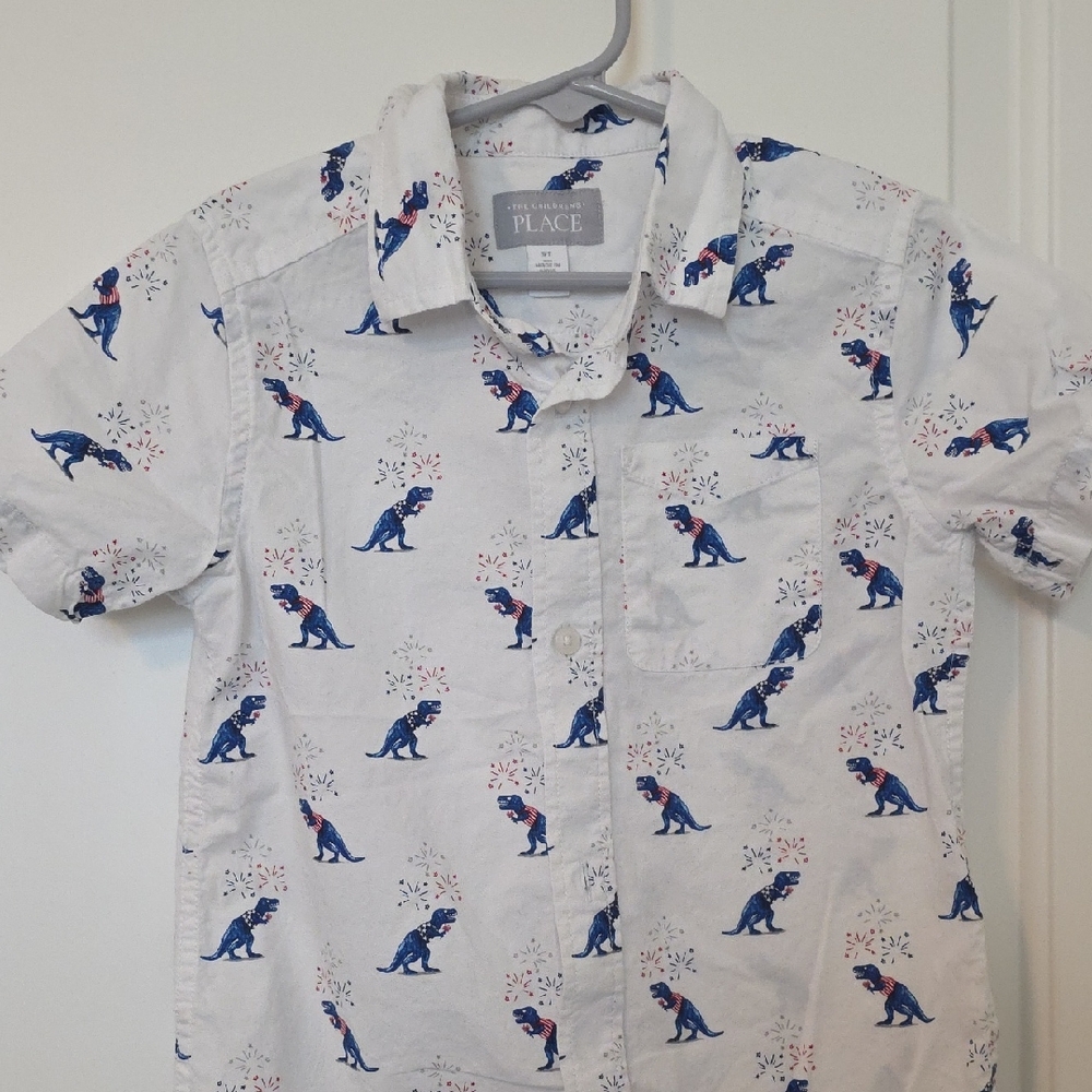 The Children's Place White Shirt with Blue Dinosaur Pattern